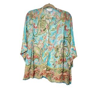 Rene Derhy Sheer Button Front Rayon Top Kimono Sleeve Paisley Sequins Size Small